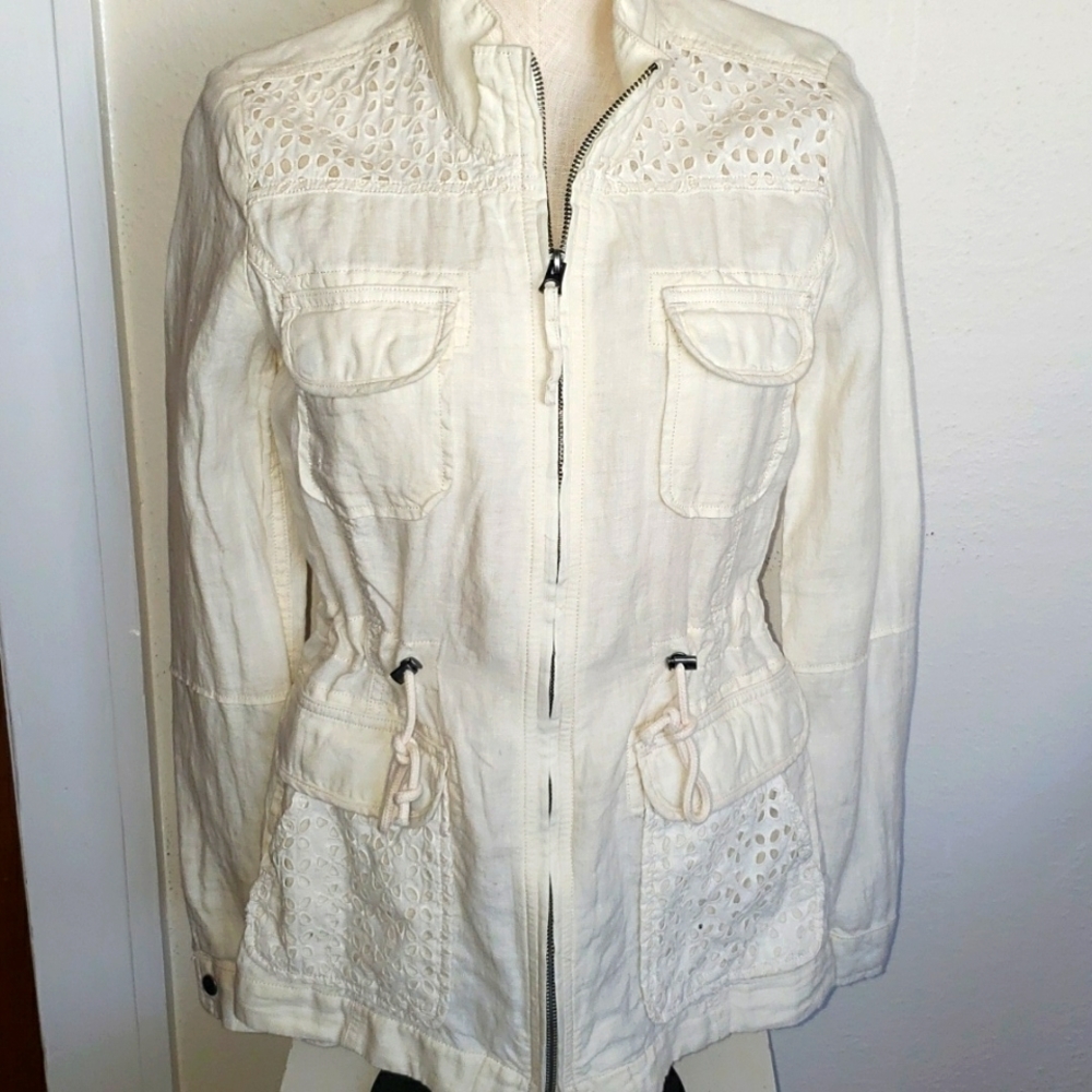 Lucky Brand Utility Jacket  Cream Linen Cotton Eyelet Pockets